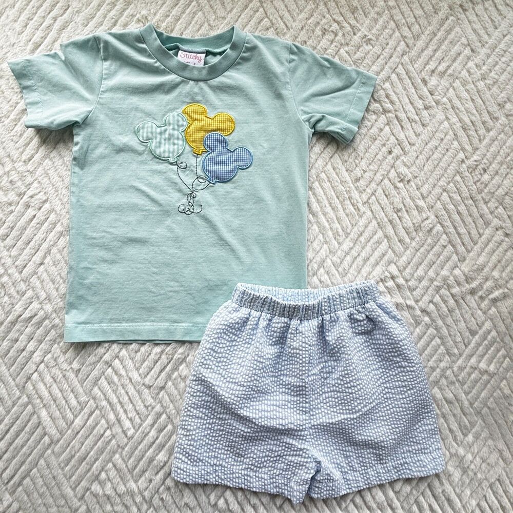 Stitchy Fish 4T Mickey Balloon Applique Shirt Seersucker Shorts Outfit Set